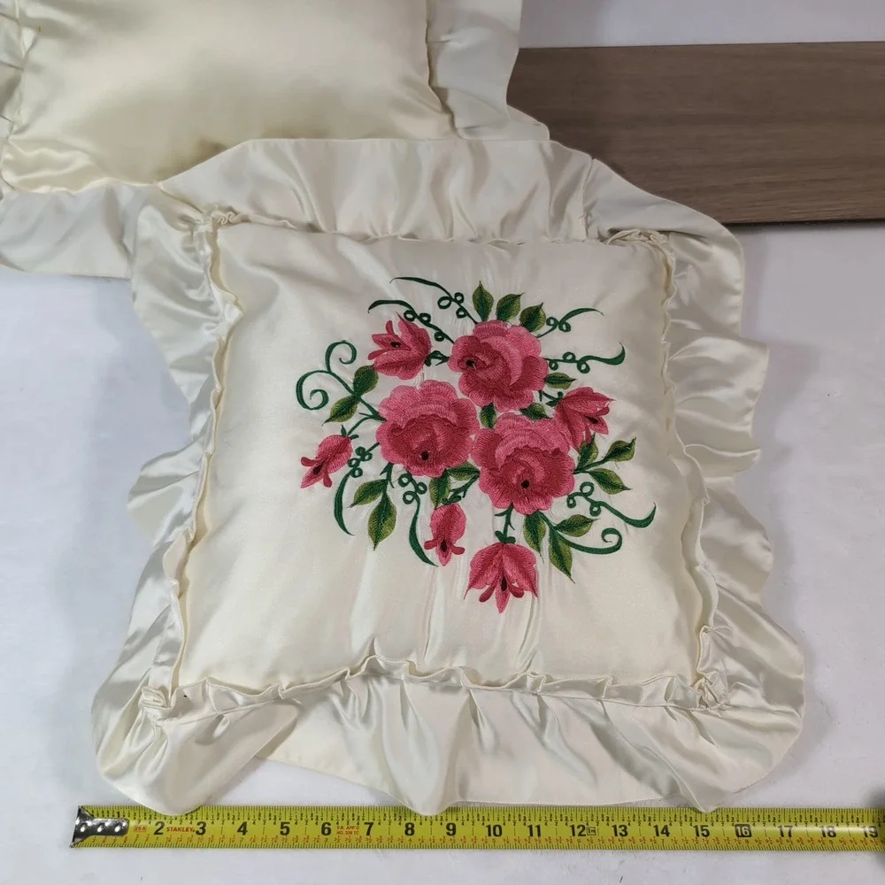Vintage Satin Ruffle Embroidered Pillows Set of 2 Pink Floral Cottagecore Frilly